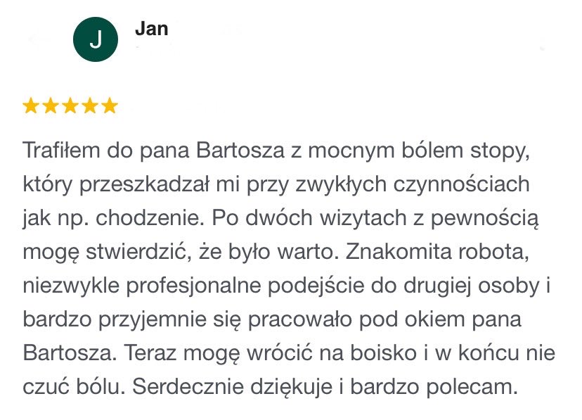 Recenzja klienta po fizjoterapii stopy