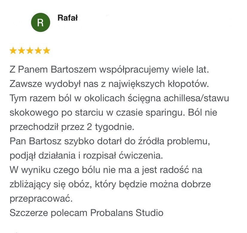 Pozytywna recenzja z Google o PRO BALANS i fizjoterapii dorosłych