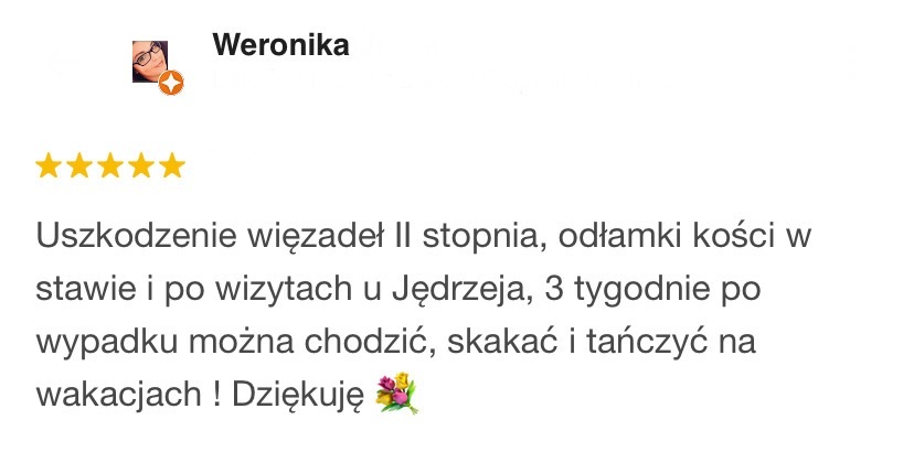 Opinia Google po fizjoterapii po uszkodzeniu więzadła