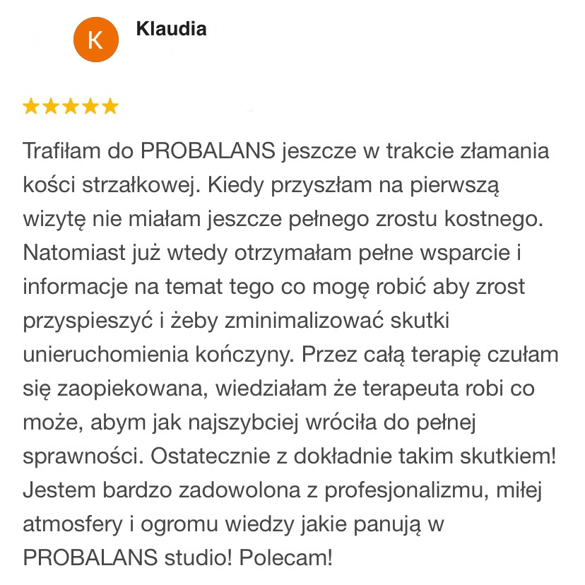 Pozytywna opinia PRO BALANS od pacjentki ze złamaniem kości strzałkowej