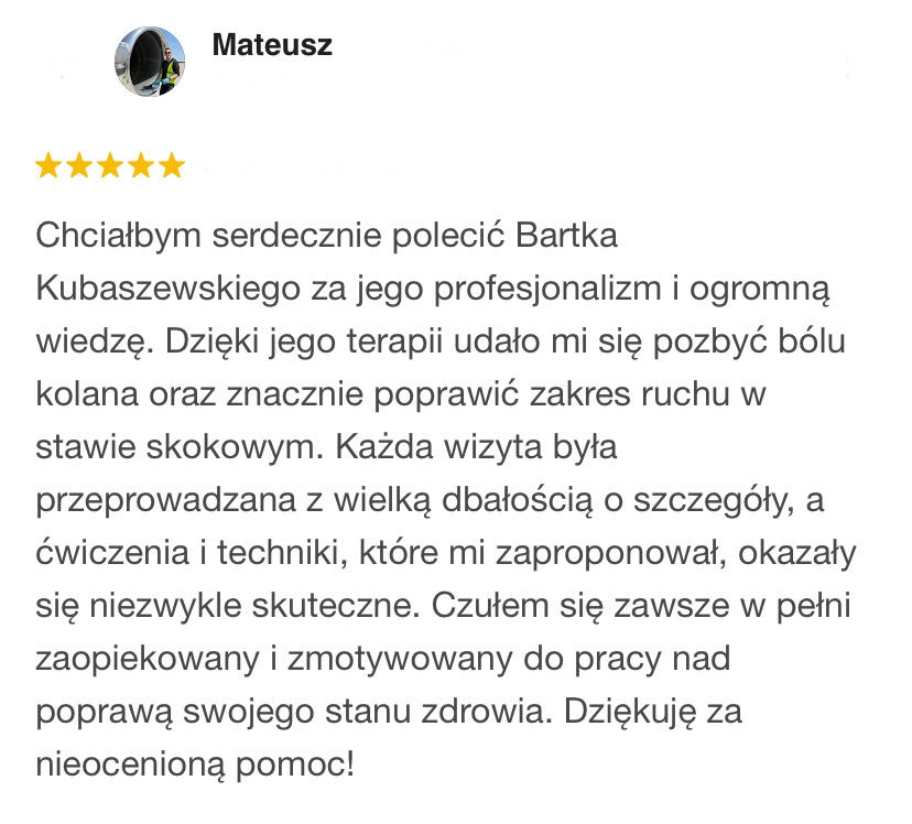 Pozytywna recenzja z Google o fizjoterapii sportowej – Pro Balans Skórzewo