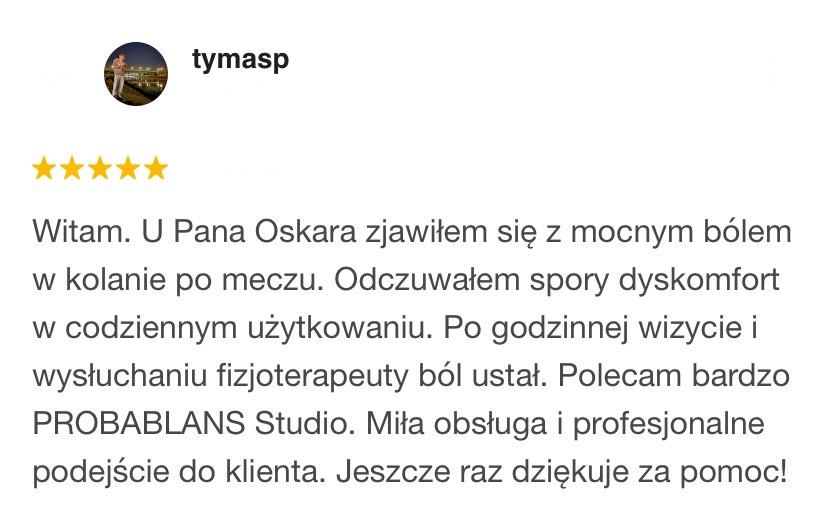 Opinia pacjenta o fizjoterapii sportowej w studiu PROBALANS